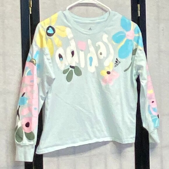 Adidas Girls M Flower Power Blue Long Sleeve Tee Shirt Floral Hearts Graphic Top - Picture 3 of 12